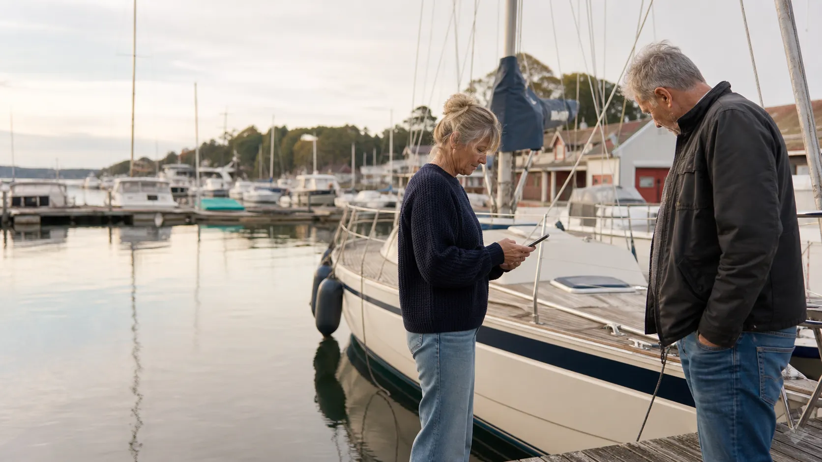 Ein Paar bereitet sich mit dem Smartphone auf die Besichtigung eines gebrauchten Segelboots in einer Marina vor