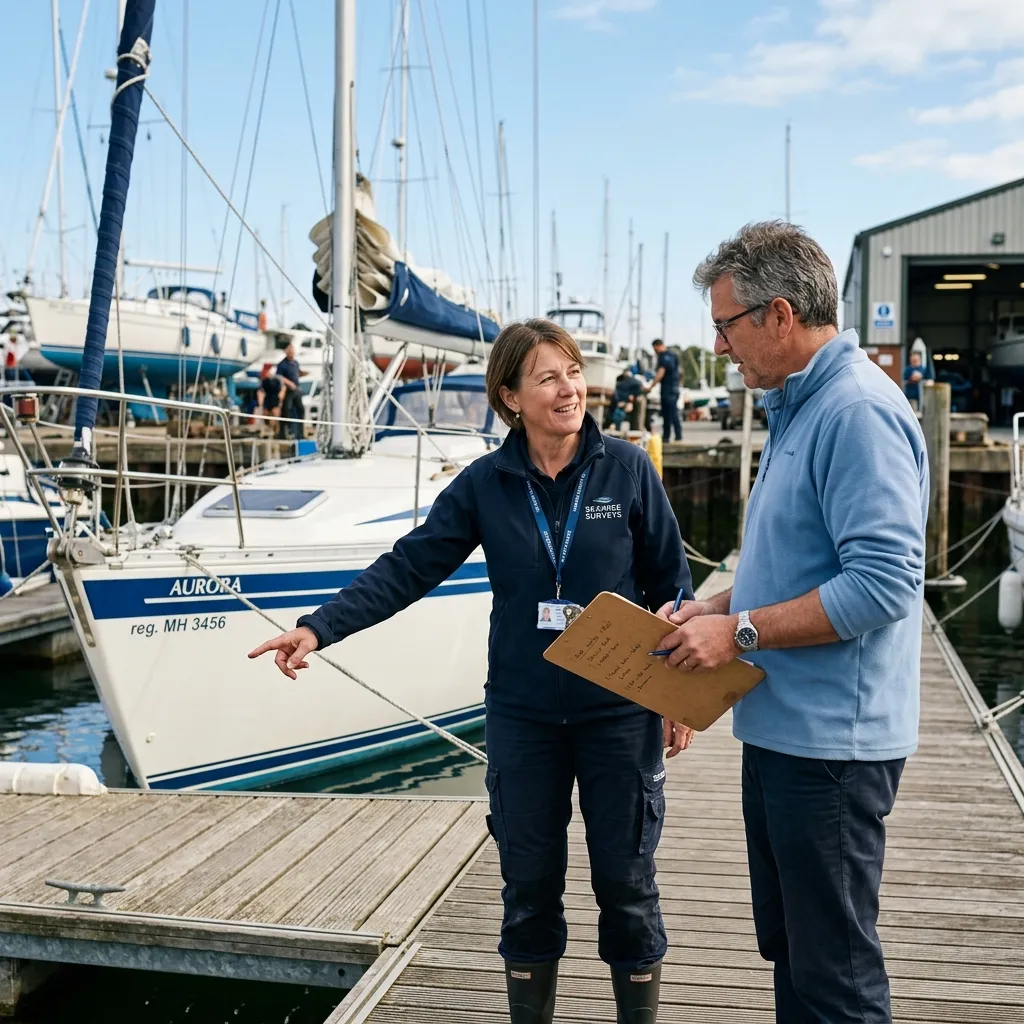 Eine maritime Fachperson untersucht den Rumpf eines gebrauchten Segelboots mit einem Messgerät, während der Interessent seine Dokumentation bereithält