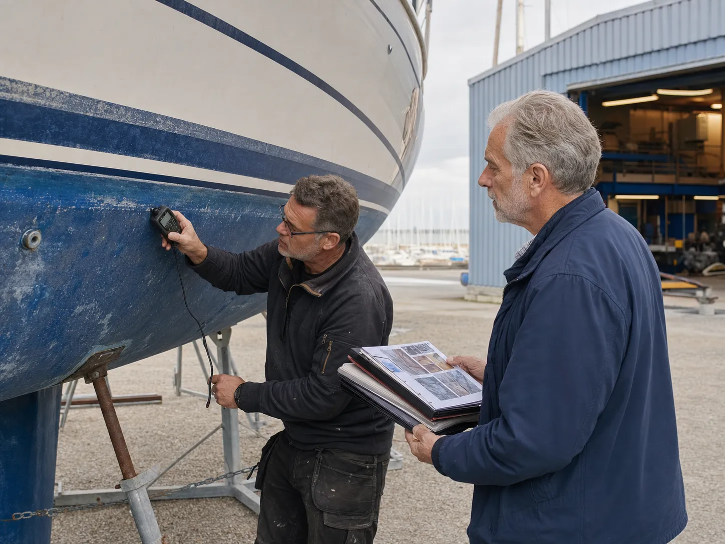 Eine maritime Fachperson untersucht den Rumpf eines gebrauchten Segelboots mit einem Messgerät, während der Interessent seine Dokumentation bereithält