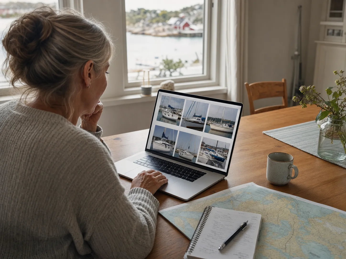 Eine Frau vergleicht zu Hause verschiedene gebrauchte Segelboote auf einem Laptop